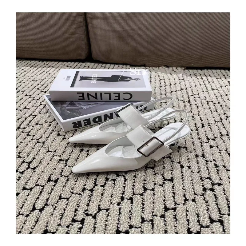 Spring and summer 2024 New Europe and the United States Metal Square Buckle lacquer hollow lady pointed high-heeled shoes