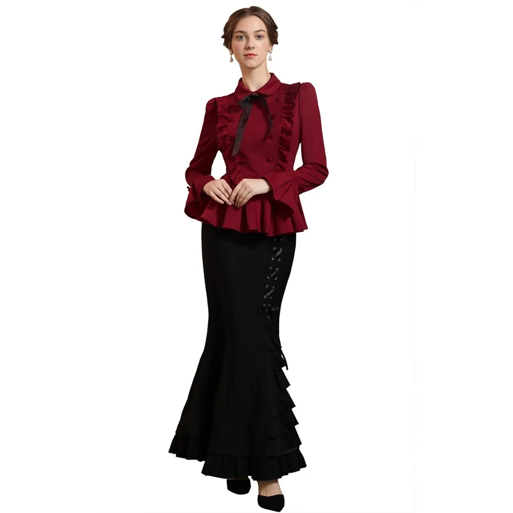 

SD Women Vintage Ruffled Peplum Hem Shirts Removable Bow-knot Blouse Evening Dress Shirt Renaissance Lapel Collar Tops