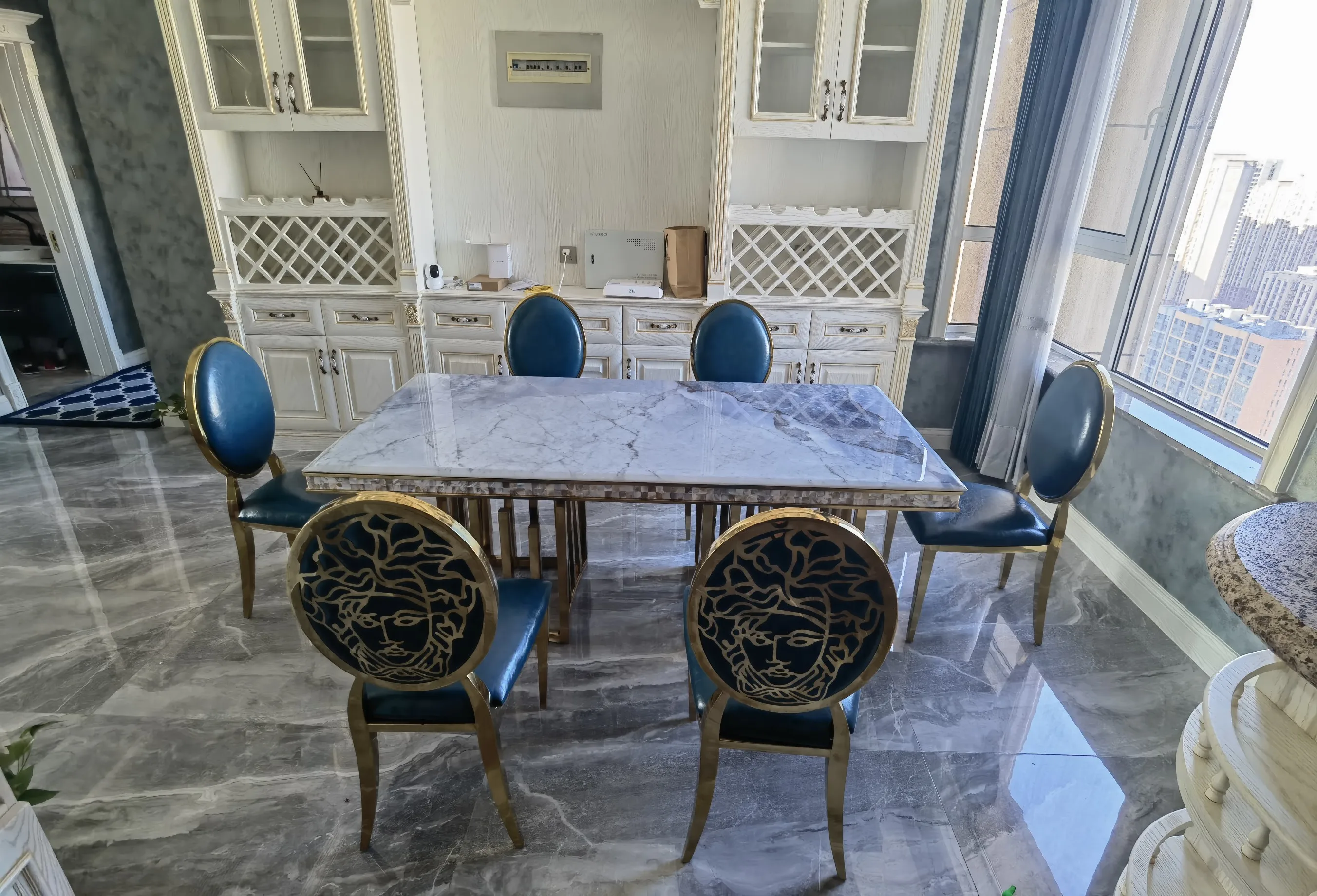 Description Picture 2 of itemLight Luxury Stainless Steel Dining Chairs Modern Home Furniture Simple Metal Backrest Chair for Kitchen Fabric Restaurant Chair