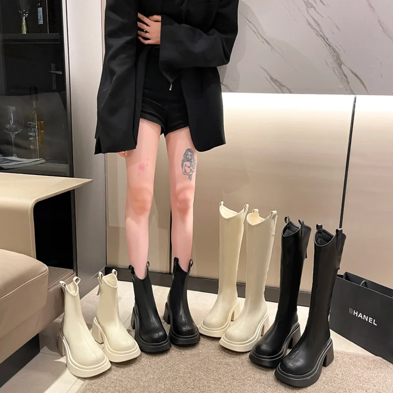 

Women Boots High Heels Round Toe Zipper Autumn Shoes Winter Footwear Stiletto Ladies 2023 Rubber Lolita Over-the-Knee Solid Rome