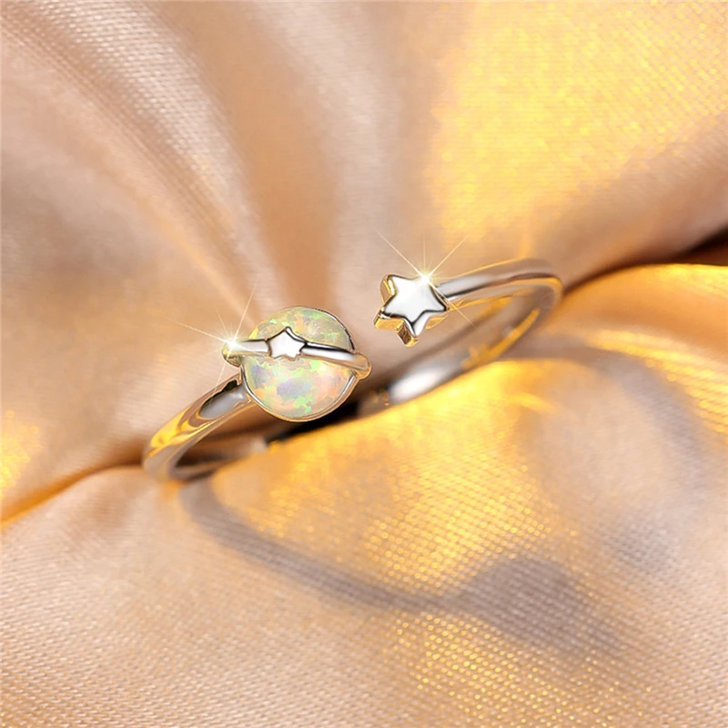 Cute Female Small Round White Blue Fire Opal Stone Adjustable Ring Boho Silver Color Open Wedding Jewelry For Women
