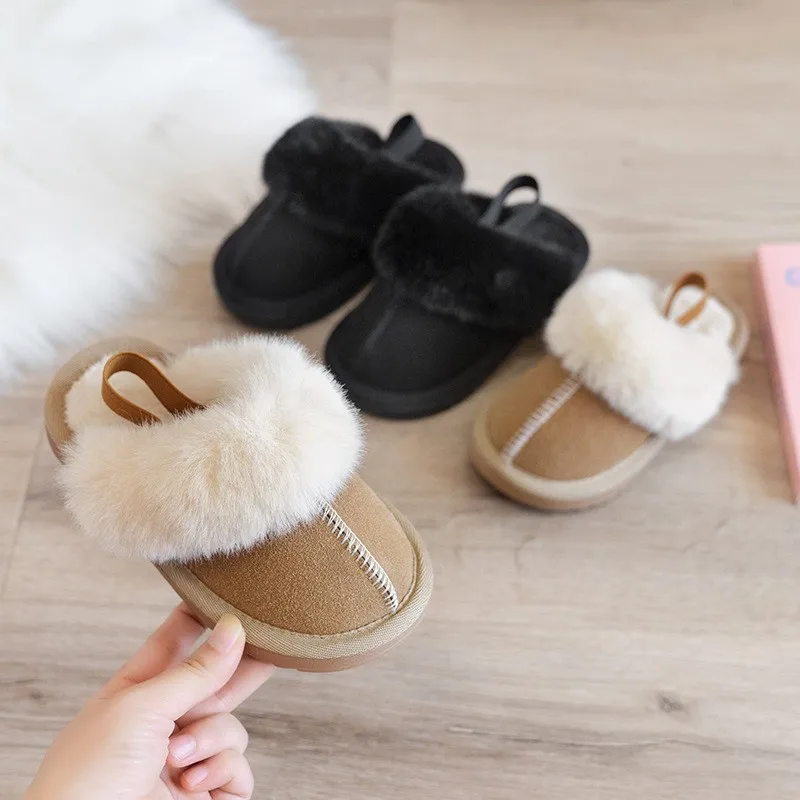 Cotton Plush Kids Slippers for Boys and Girls Solid Color Warm Winter