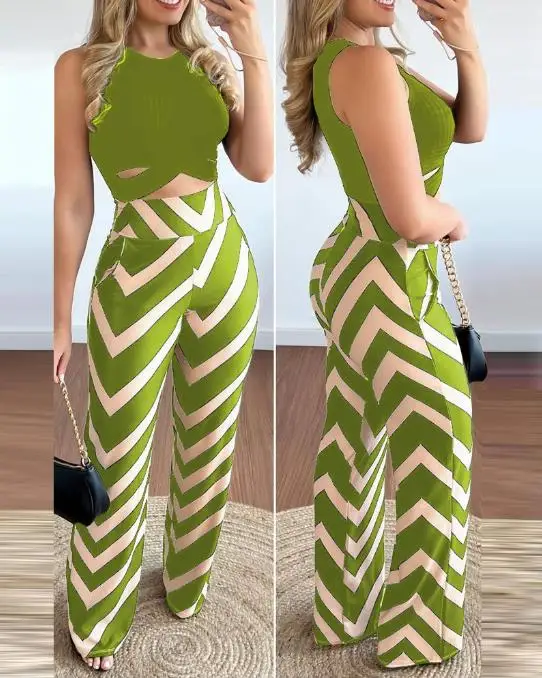 

Sweet Printing Long Pants Sets Two Piece Summer Cute Fresh Sleeveless Tank Top and Wide Leg Pants Fashion Casual Set for Woman