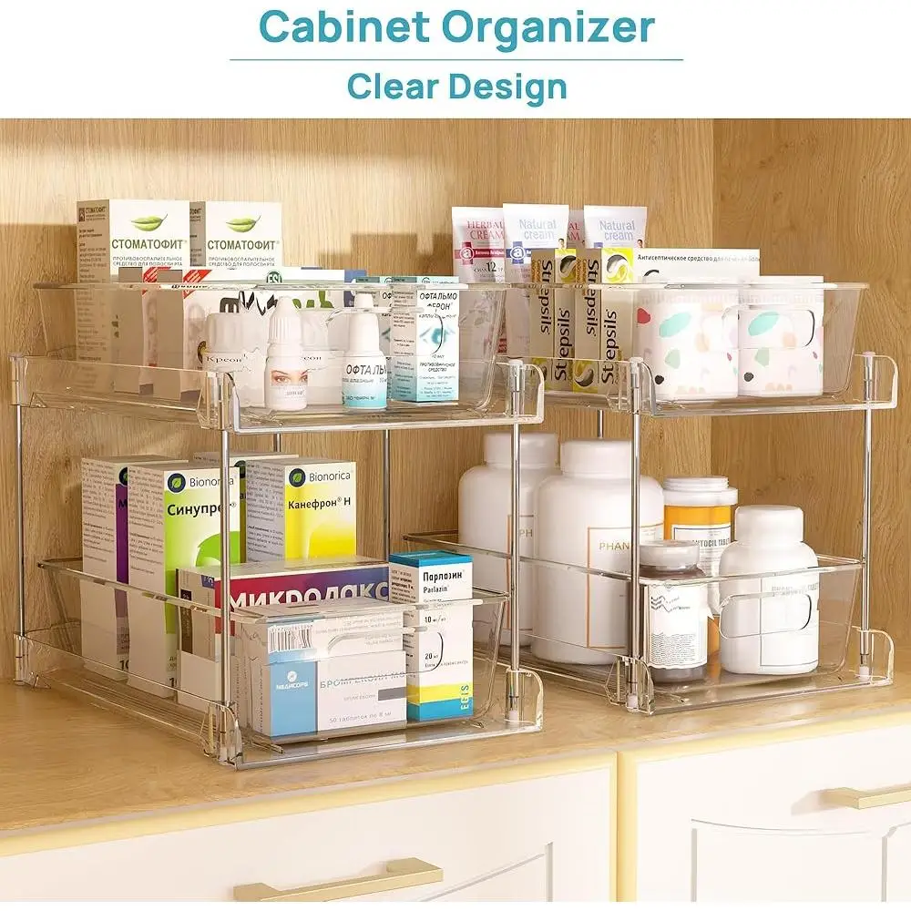 2 Tier Bathroom Organizer Under Sink Storage Clear Container Pull Out Bins Vanity Countertop Drawer Kitchen Pantry Cabinet 4