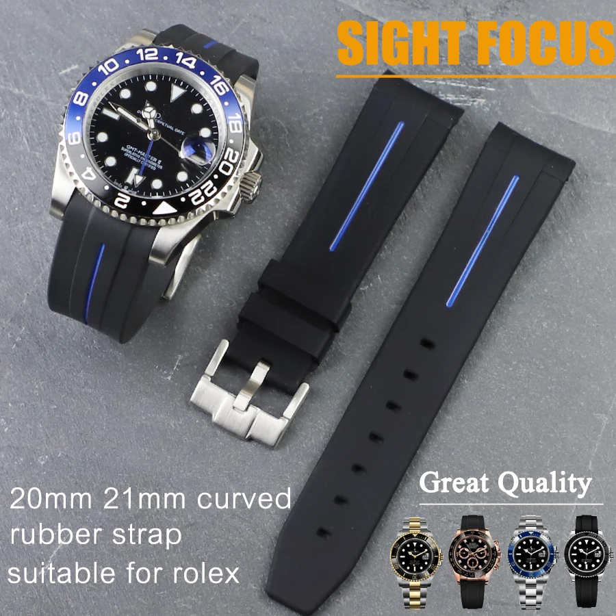 Black 20mm 21mm Curved Rubber Watch Band for Rolex Submariner GMT-Master Tang Buckle Strap Fits small and large wrists | Наручные часы