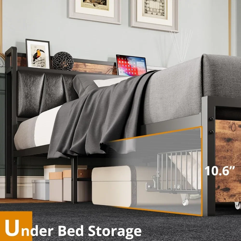 NEW-LIKIMIO California King Size Bed Frame, Storage Headboard with Charging Station, Platform Bed with Drawers, No Box Spring Ne