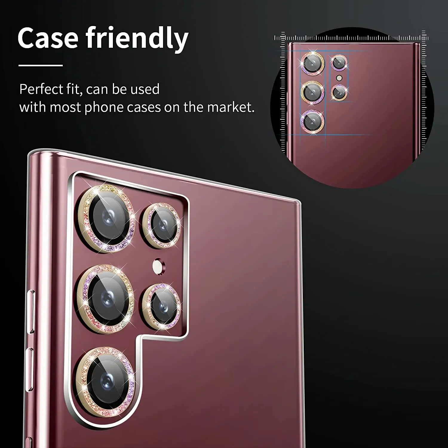 Sparkling Diamond Camera Lens Protector with Metal Ring and Tempered Glass Cover