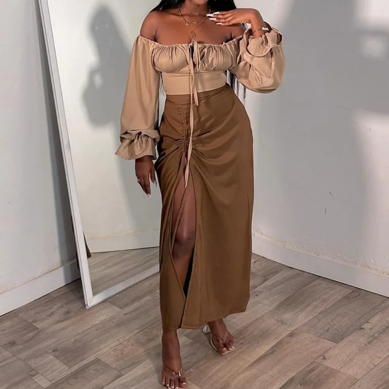 2024 Spring New Women's Fashion Square Neck Flare Sleeves Short Top & Split High Waist Skirt Set Female Casual Two Piece Outfits