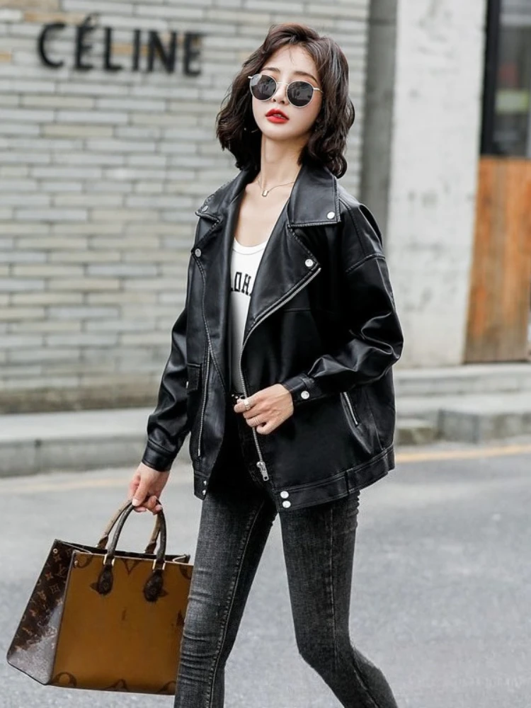 Vestes en similicuir PU noir pour femmes, style motard européen, couleur unie, coupe oversize décontractée