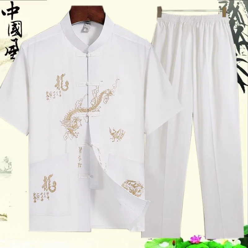 Traditional Chinese Men Embroidery Tang Suit Short Sleeve Taichi Uniform Cotton Dragon Wushu Clothing Loose Male Kung Fu Shirt tai chi clothing chinese men hanfu top