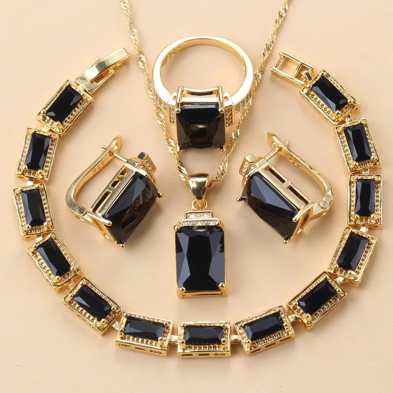 Bridal Jewelry Sets Arab Gold Color Dubai Wedding Costume Black Zirconia Bracelet Clip Earrings African Necklace Sets for Women
