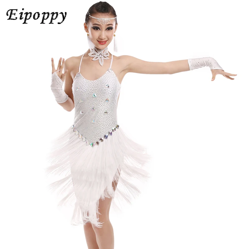 

Children Professional Latin Dance Performance Clothing New Girls Diamond Flow Sula Ding Skirts Junior Latin Competition Clothing