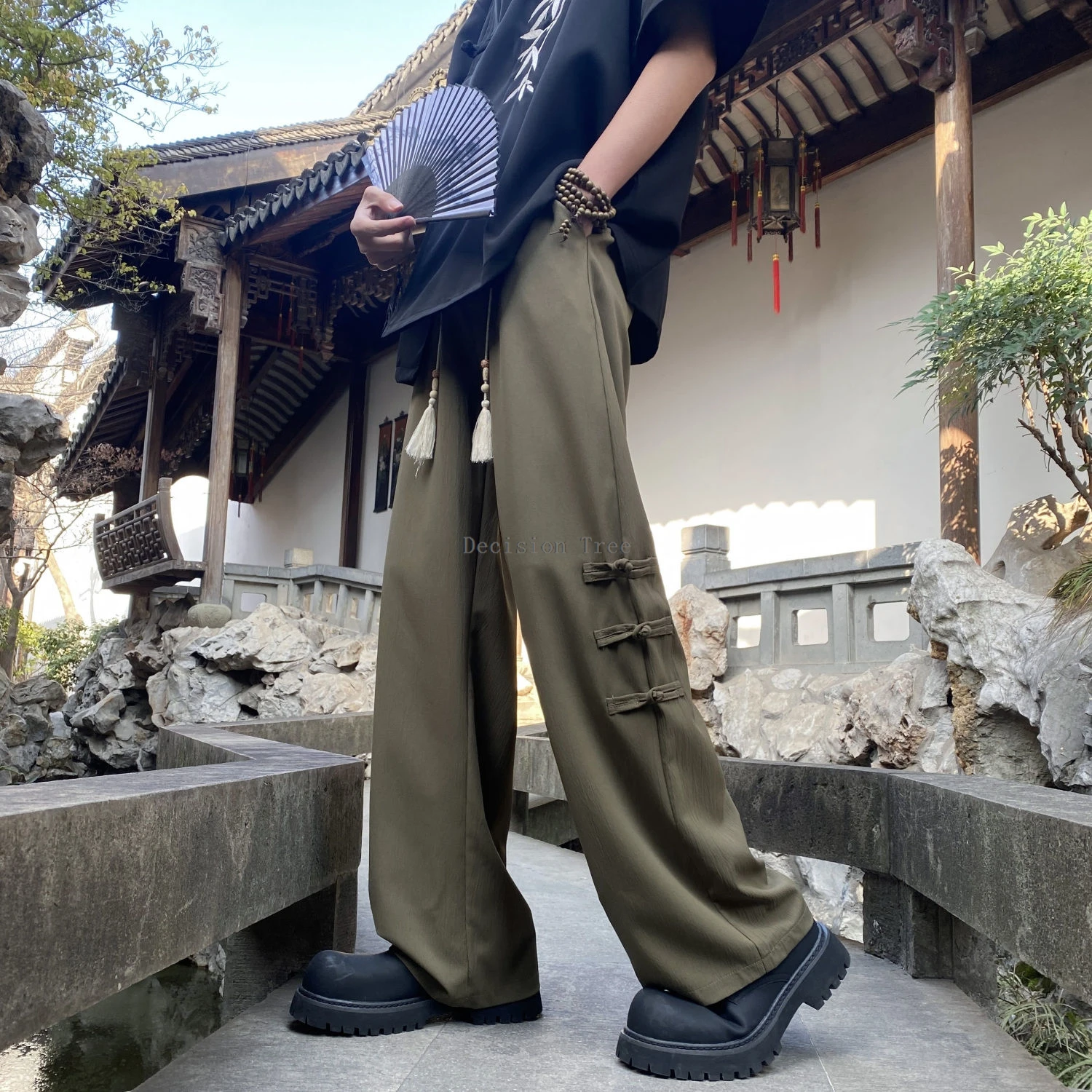 chinese style men tai chi kungfu pants loose martial arts performance straight leg pants fashionable tassel design trousers