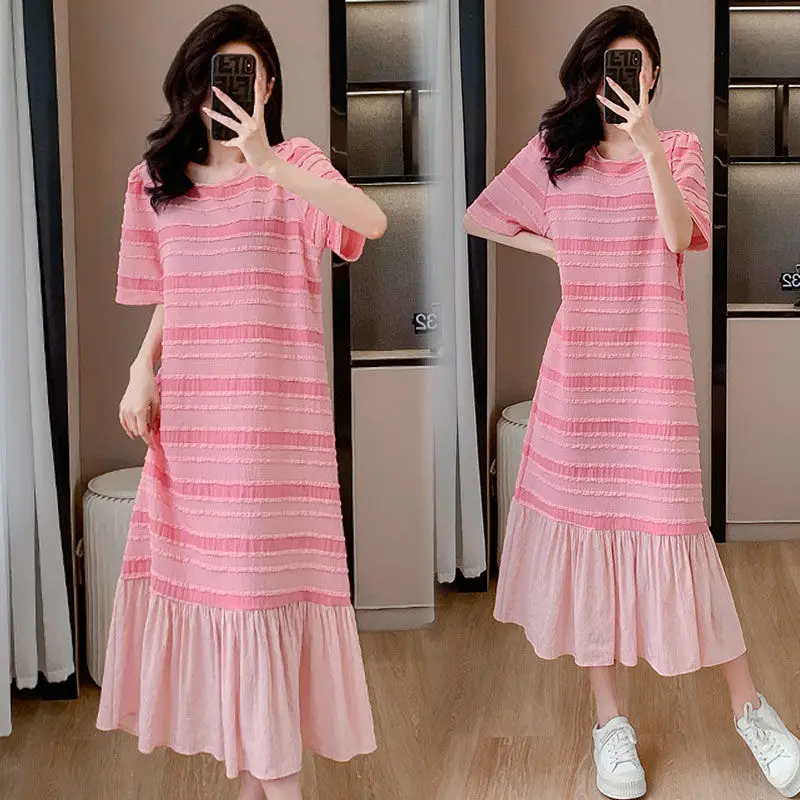 

High-end Loose Pink Fairy Dress Summer Women's Temperament Fashion Striped Patchwork Dresses Korean Style Round Neck Long Skirt