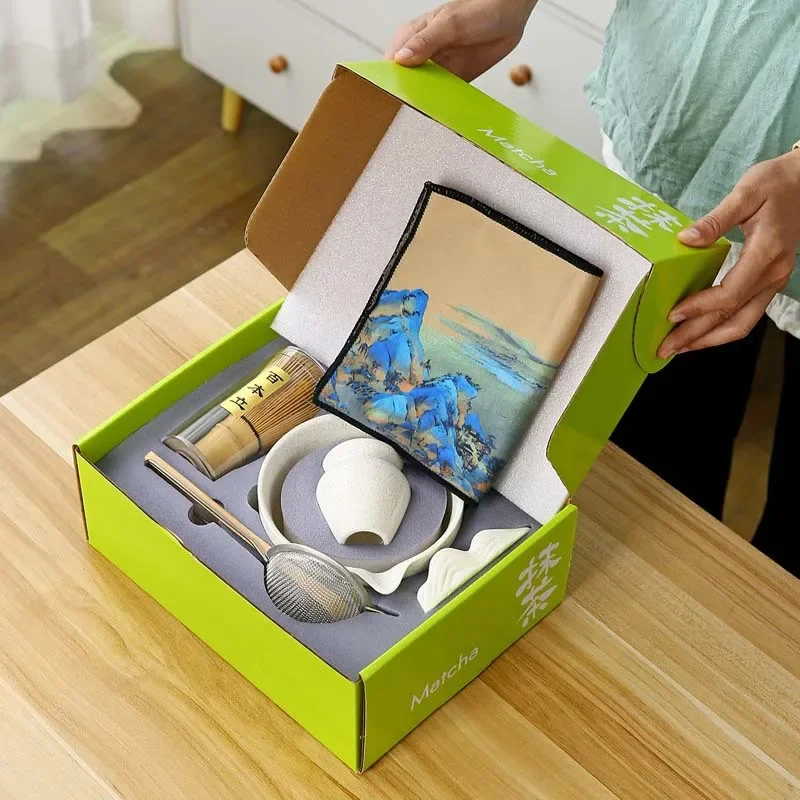 2/4/7Pieces Japanese Matcha Tea Set with Ceramic Bowl Whisk Teaspoon and Sieve Exquisite Matcha Making Set for Lovers