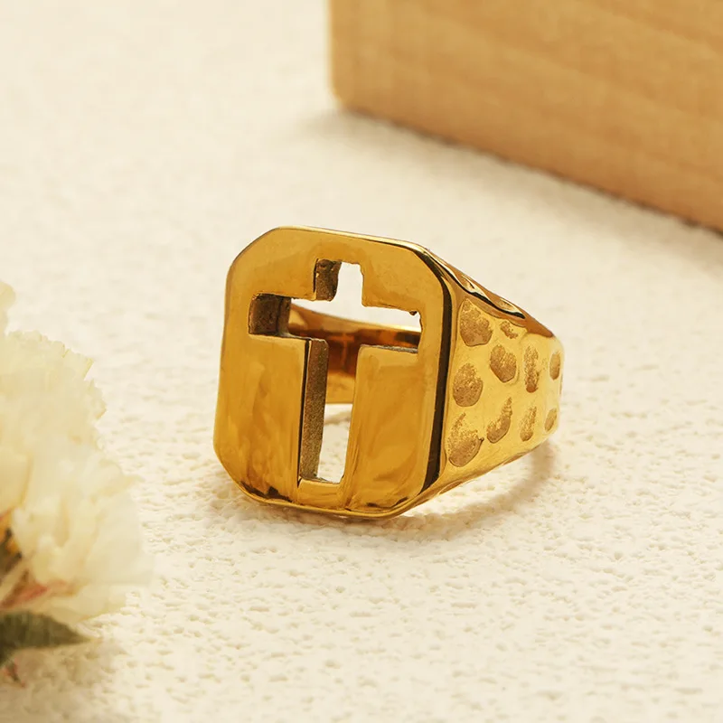 

Trendy Elegant Dainty Hollow Out Cross Rings For Men Romantic Women's Gold Color Stainless Steel Finger Jewelry Accessories