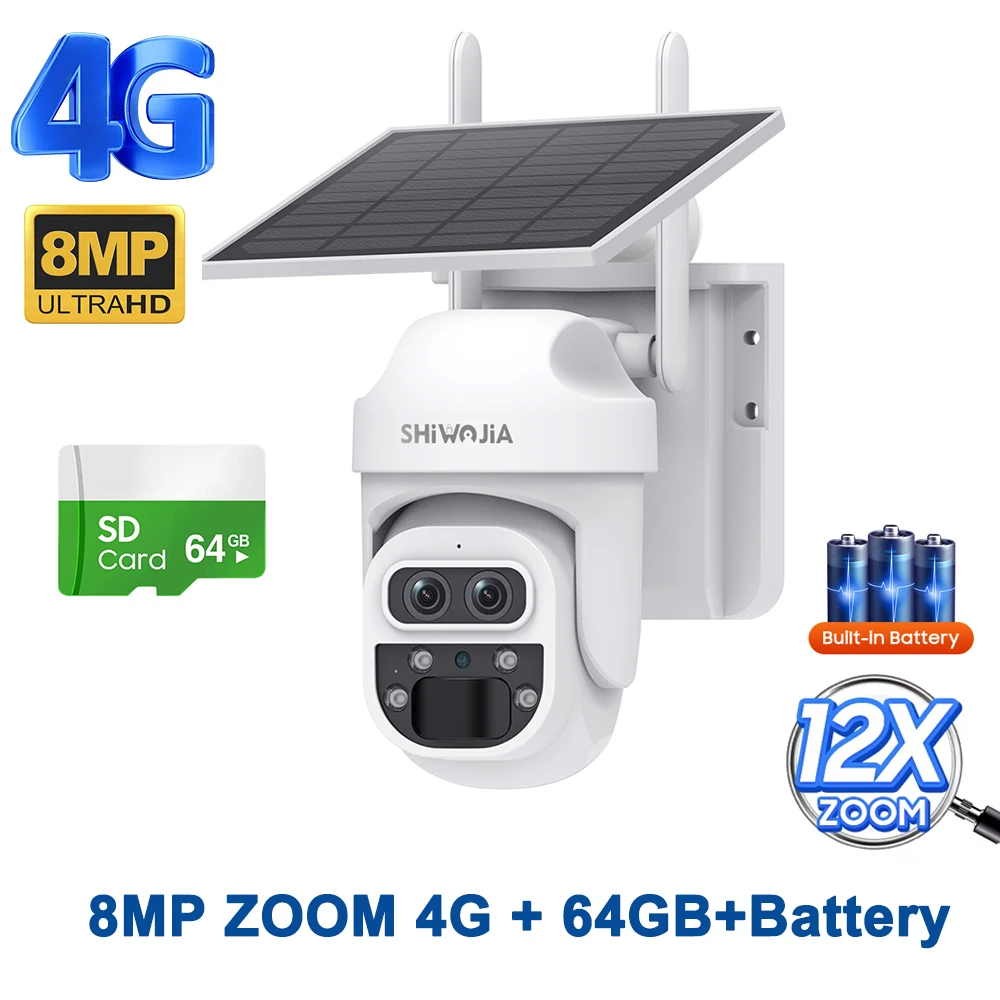 SHIWOJIA كاميرا بالطاقة الشمسية 4G 12MP 6K 15X Zoo...