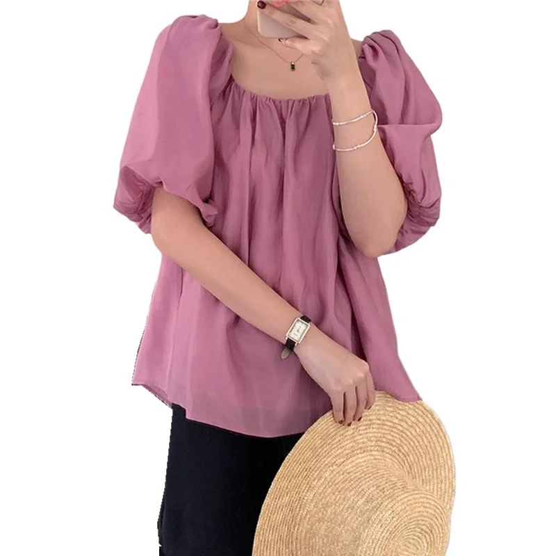 

Винтажная свободная тонкая рубашка на шнуровке сзади, Женская корейская мода, элегантная однотонная блузка, милый Повседневный пуловер с пышными рукавами, топы, женская