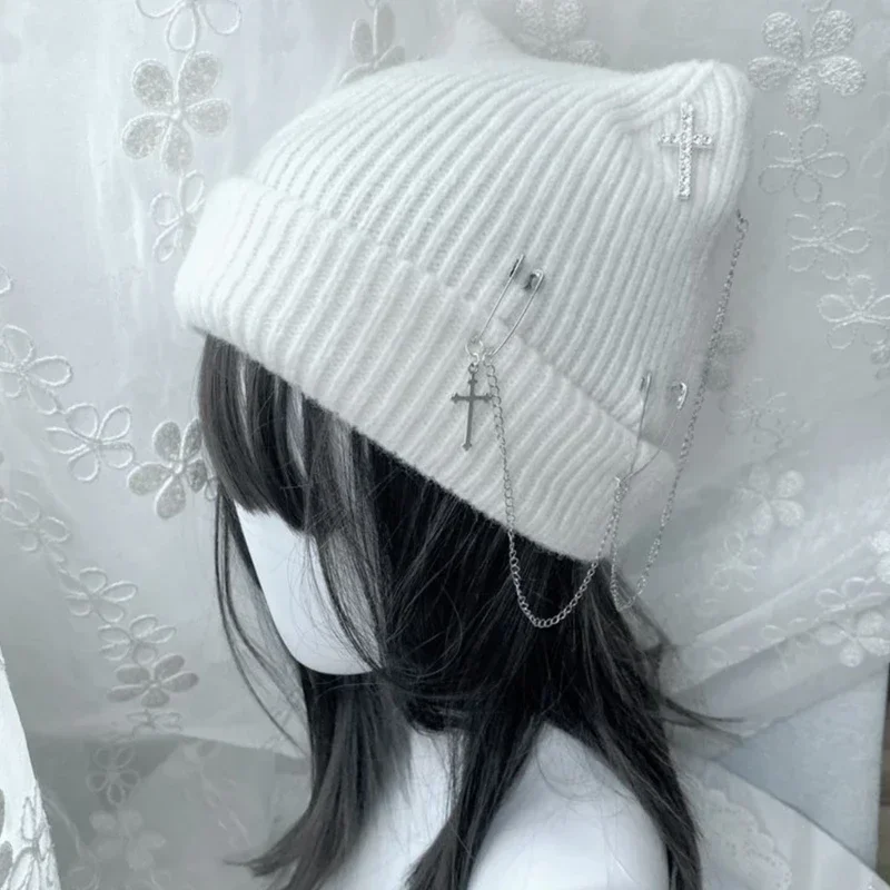 Gothic Knitted Beanie Hat for Women Y2K Cat Ear Hat Handmade Crochet Skull Hat Female Teens Subculture Headwear 4