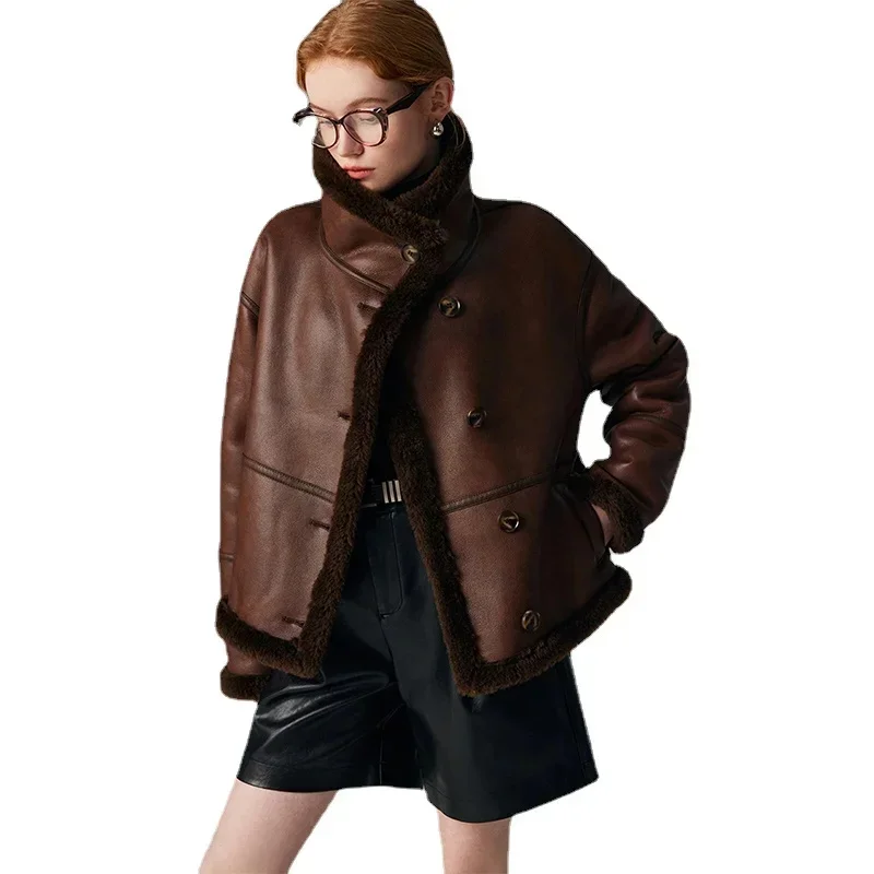 

Shearling New Women's Short Large Lapel Motorcycle Jacket Wine Red Lamb Single Breasted Sheep Wool Coat Women Clothes