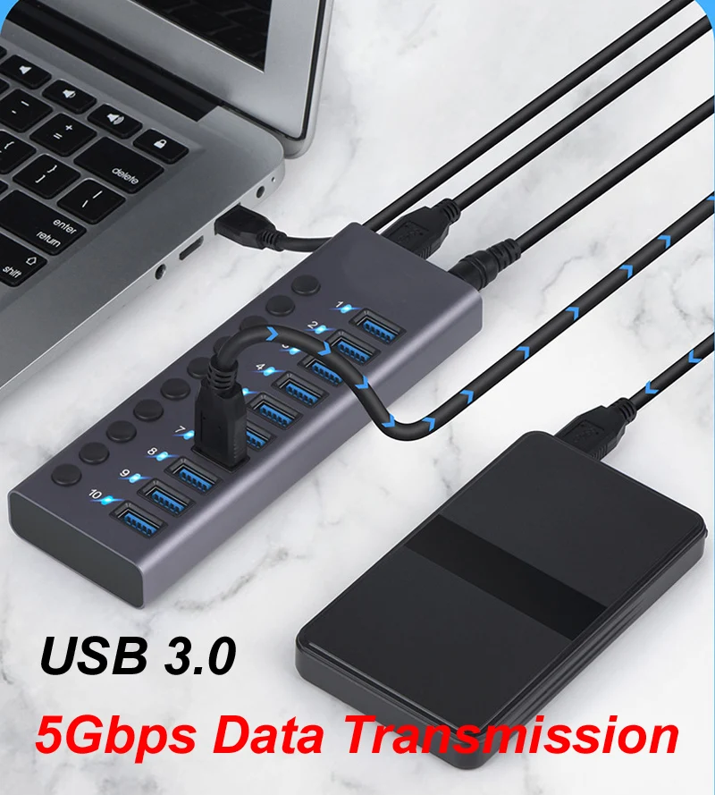 Wenter Hub USB 3.0 alimentado, divisor de concentrador de 11 puertos (7  puertos de transferencia de datos más rápidos + 4 puertos de carga