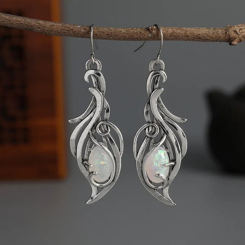Bohemian Opal Dangle Earrings Elegant Silver Plated Jewelry For Holidays and Special Occasions E1238-1