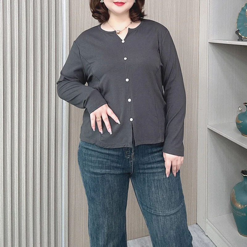 Women's Long Sleeve Basic T-shirt, Loose Tees, V-neck, Split Buttons, Temperament Tops, New, Plus Size, Autumn, Winter, 2431