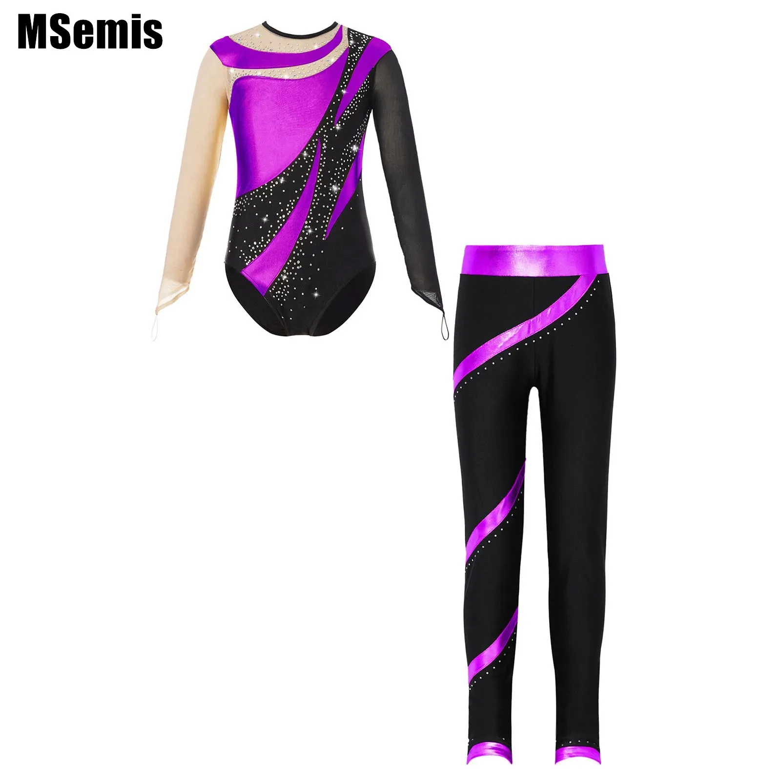 

Kids Girls Shiny Rhinestones Dance Set Long Sleeve Cutout Back Leotard with Elastic Waistband Pants for Skating Gymnastics