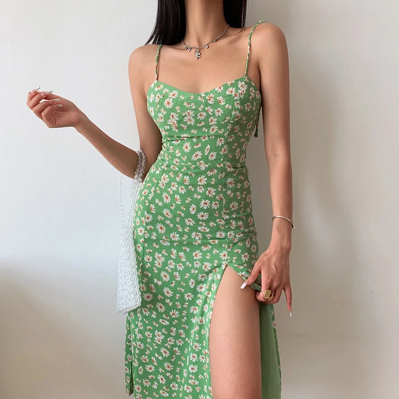 

Green Sexy Split Dress Sexy 2021 summer Daisy Straps French Daisy Print Suspender cottagecore Dress Backless vestidos gothic