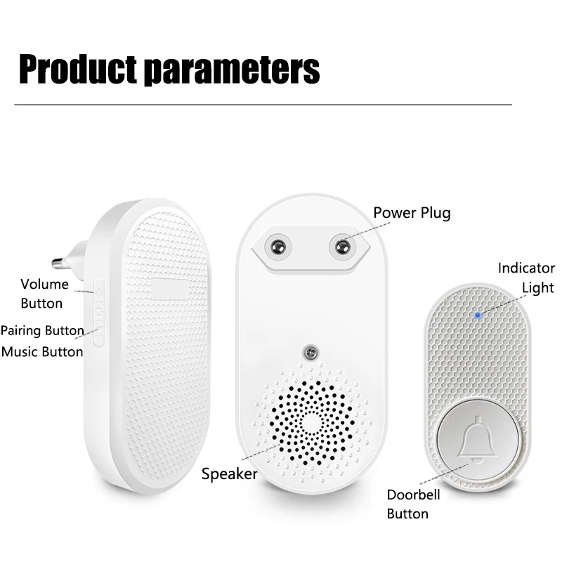 Wireless Smart Home Doorbell with Long-Range Control and Adjustable Volume - EU/US Plug, White