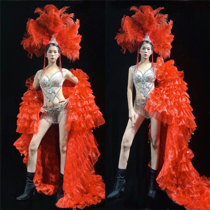 

Rhinestone Bikini Pole Dance Clothes Red Pleated Coat Dancer Stage Costume Nightclub Gogo Dance Outfit Festival Clothing VDB5862