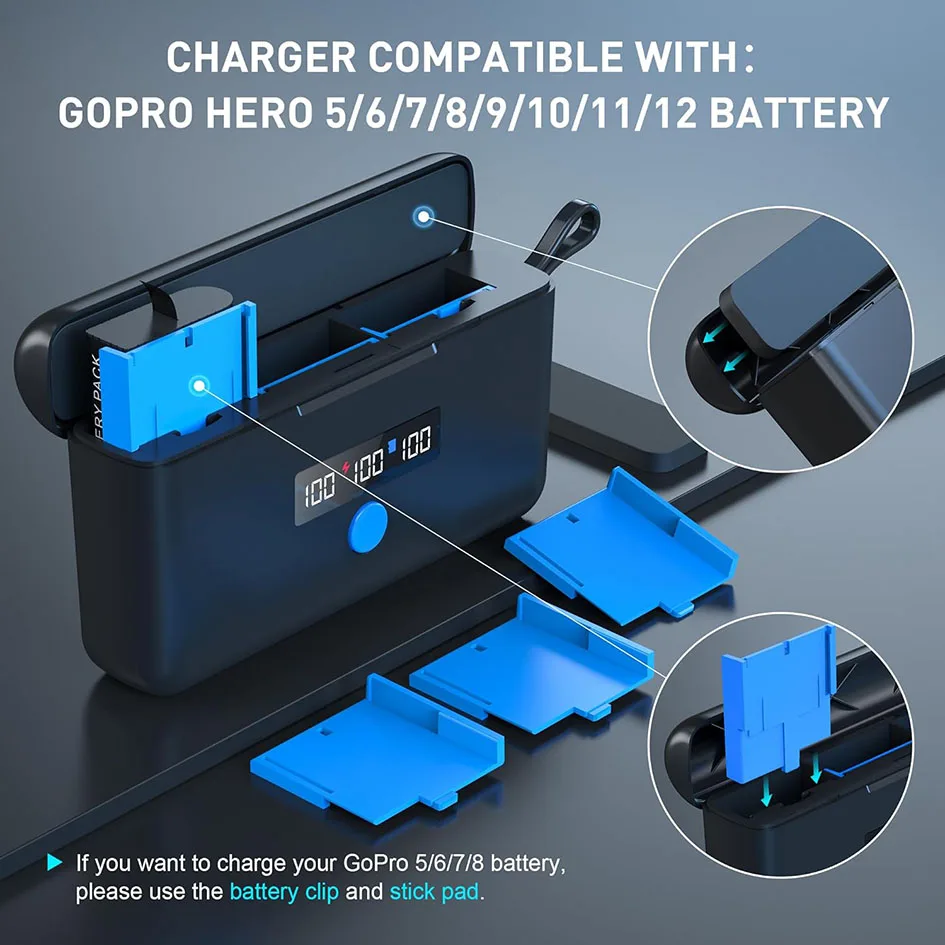 Pack complet du chargeur multifonction blanc pour GoPro Hero 12, 11, 10, 9 avec batterie et câble USB.