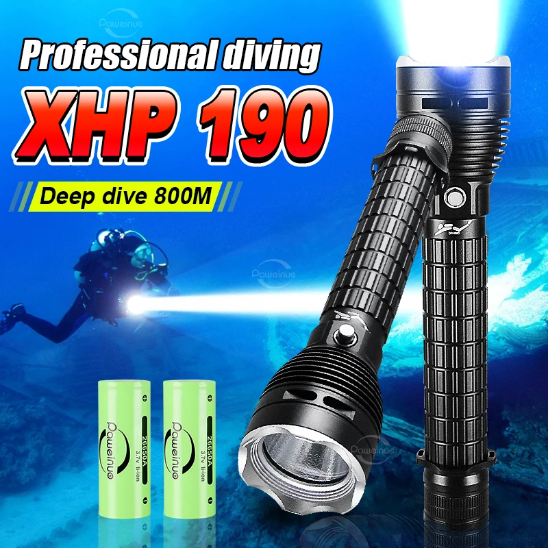 XHP190 전문 다이빙 손전등, IPX8 수중 램프, 강력한 스쿠버 다이빙 토치 랜턴, 고출력 LED 손전등, 최신