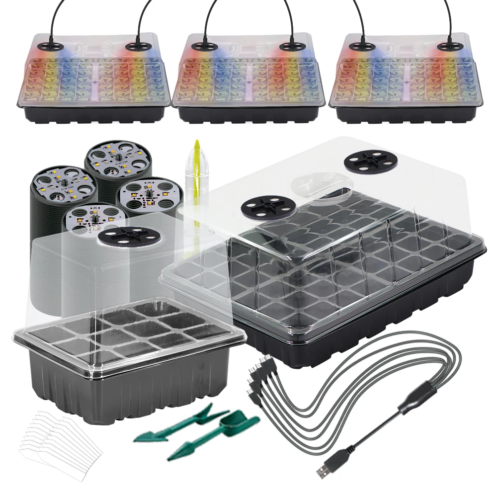 XXL XL 16cm Black Seeds Starter Tray Light 12/48 Cell Grow Light Seedling Box Kit with Grow Garden Indoor Warm Nursery Pot