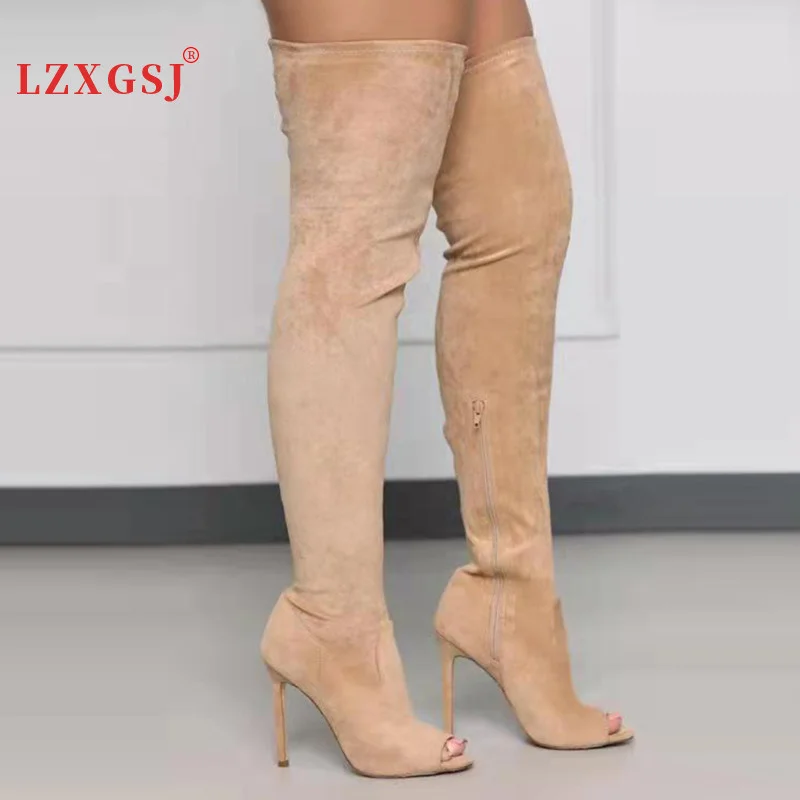 

2024 High Heels Over The Knee Women Boots Fashion Peep Toe Side Zip Elastic Long Boots Apricot Brown Big Size Women's Shoes