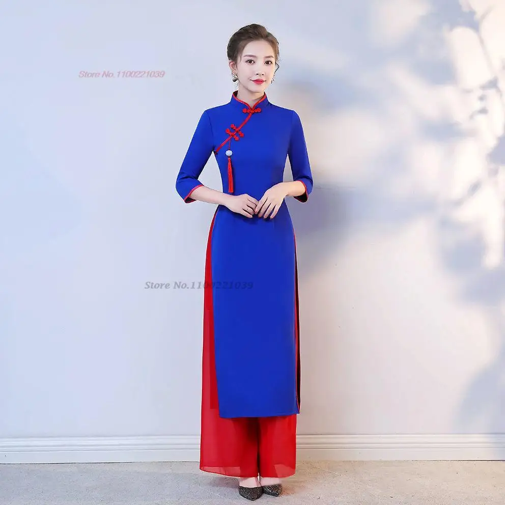 Traditional Vietnamese Aodai Dress Pants Set Oriental Qipao Cheongsam Banquet Evening Vestido