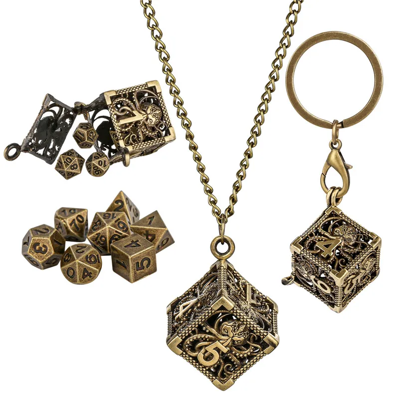 Antique Hollow D6 Octopus Storage Case with 7pcs Tiny Metal Polyhedral Dice Set Pendant Necklace Chain Key Ring Decoration