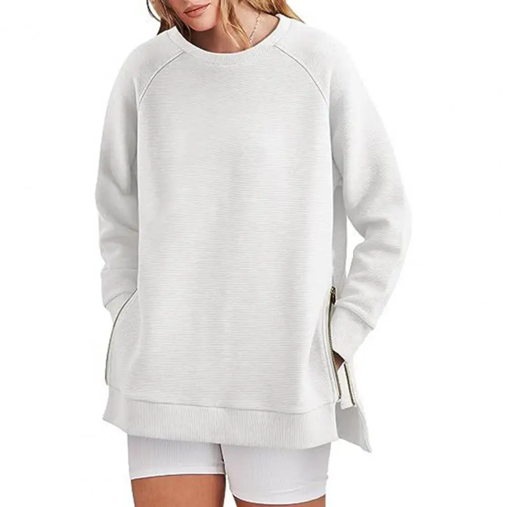 

Women Solid Color Sweatshirt Stylish Women's Loose Fit Sweatshirt Soft Round Neck Pullover with Side Zipper Hem for Fall Spring