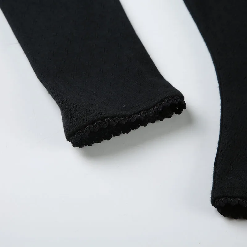 Korean Fashion Shirring Bow Square Collar Slim Long Sleeve Black T Shirt Women White Solid Basic Cute Japanese Top Tee