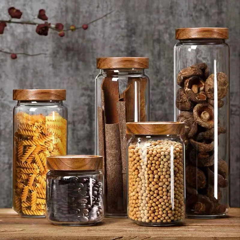 

Wood Lid Glass Airtight Canister Kitchen Storage Bottles Jar Sealed Food Container Dispenser Clear Grains Candy Jars Orgnizer