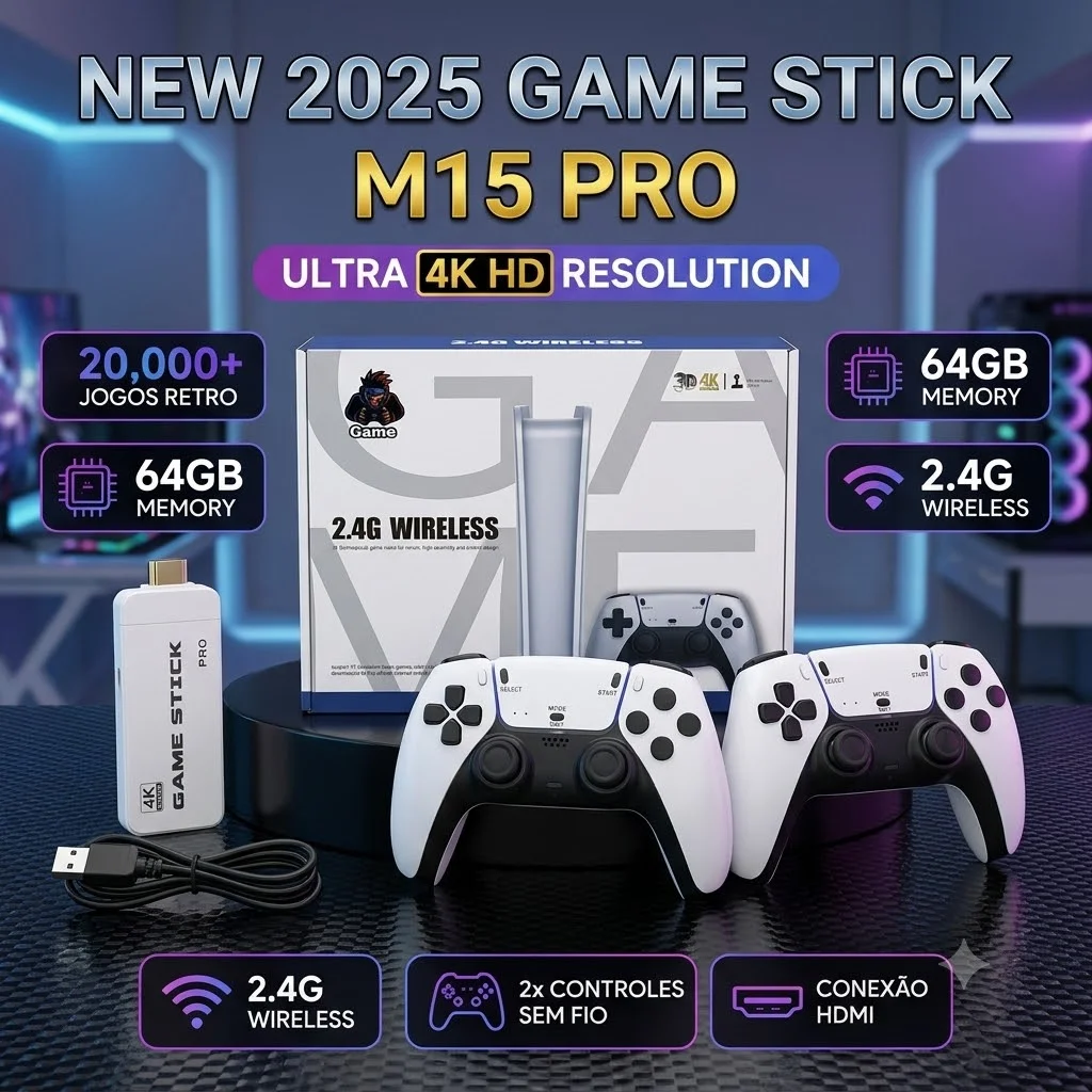 Video Game Stick 4K M15 Pro 64GB 20000+ Jogos Retro Emulador HDMI + 2 Controles Sem Fio Original