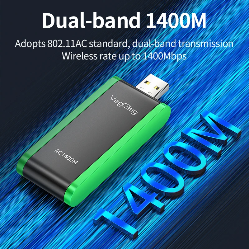 VegGieg 1400Mbps 듀얼 밴드 USB WiFi 어댑터 2.4G/5G(5dBi 안테나 포함) PC 및 노트북용 드라이버리스 네트워크 카드