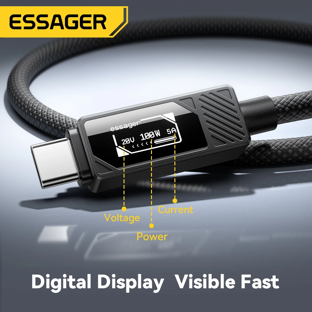 ESSAGER 100W Type C to C Cable With Digital Display PD Fast Charging Cable for MacBook Pro/Air iPhone 16/15/14 iPad USB C Cable
