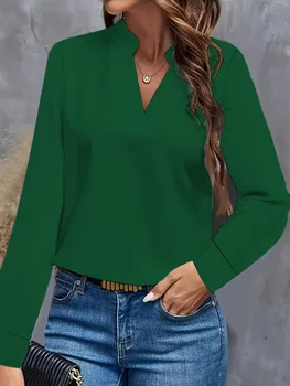Women's Elegant Solid Light Blue V-Neck Long Sleeve Blouse with Flowy Loose Fit and Notch Collar for Casual Office Wear 1