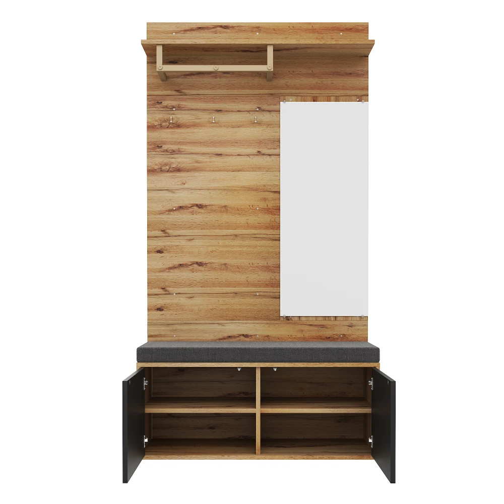 Kompaktes Kleiderschrank-Set, Flur-Kleiderschrank mit Spiegel und Kissen, Wohnzimmer, Wandregal, Boden, Kleiderschrank, Paneele, Schuhschrank – Detail 10