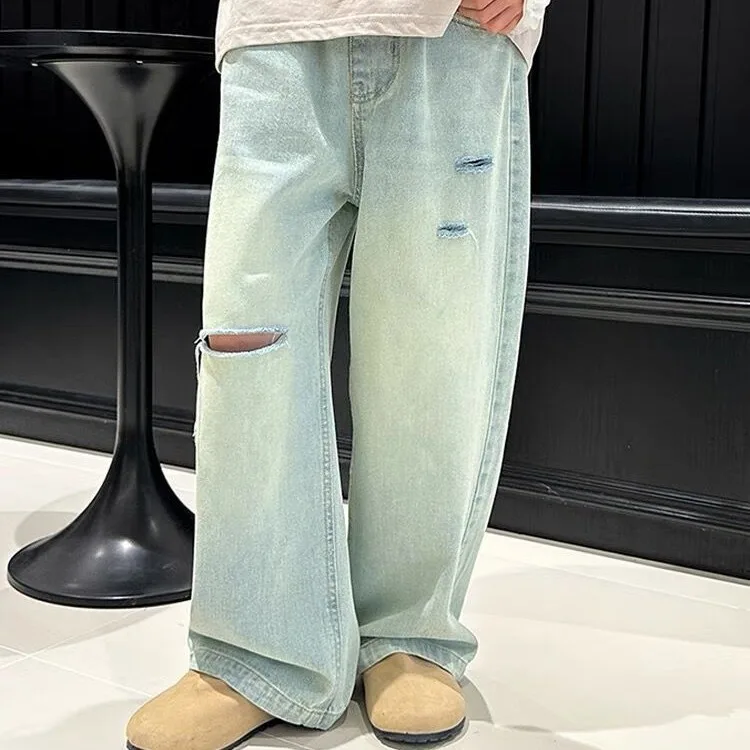 

Детские джинсы, Новинка лета 2024, повседневные модные однотонные широкие брюки, легкая и удобная детская одежда