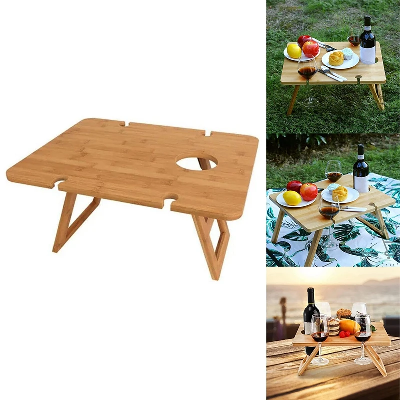 

Outdoor Wine Picnic Table, Foldable Portable Wooden Camping Snack Table, Can Hold Wine Glasses And Bottles