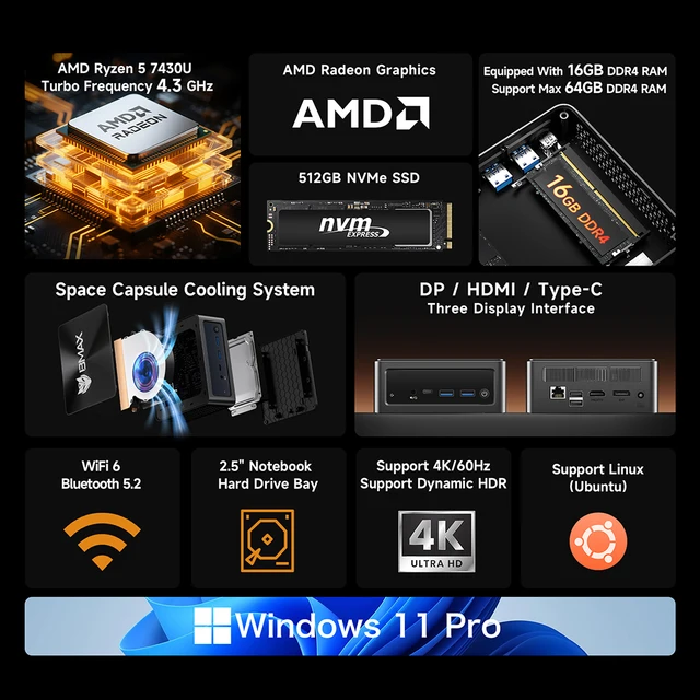 BMAX B7A Pro Mini Pc AMD Ryzen 5 7430U Processore AMD Radeon Grafica 16 GB di RAM 512 GB SSD Windows 11 USB HDMI Tipo-C mini pc 2