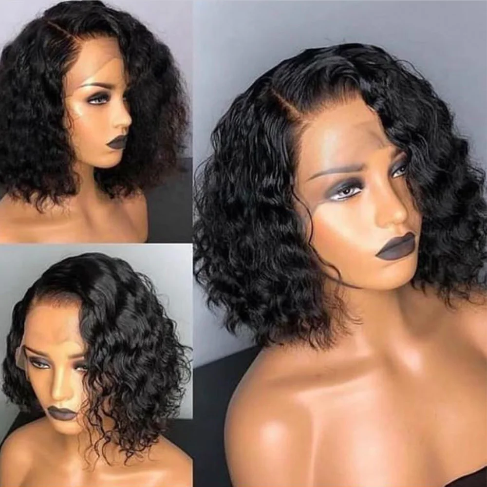 

Natural Black Kinky Curly Soft Glueless 180%Density Short Blunt Cut Bob Deep Lace Front Wigs For Women With Baby Hair Preplucked