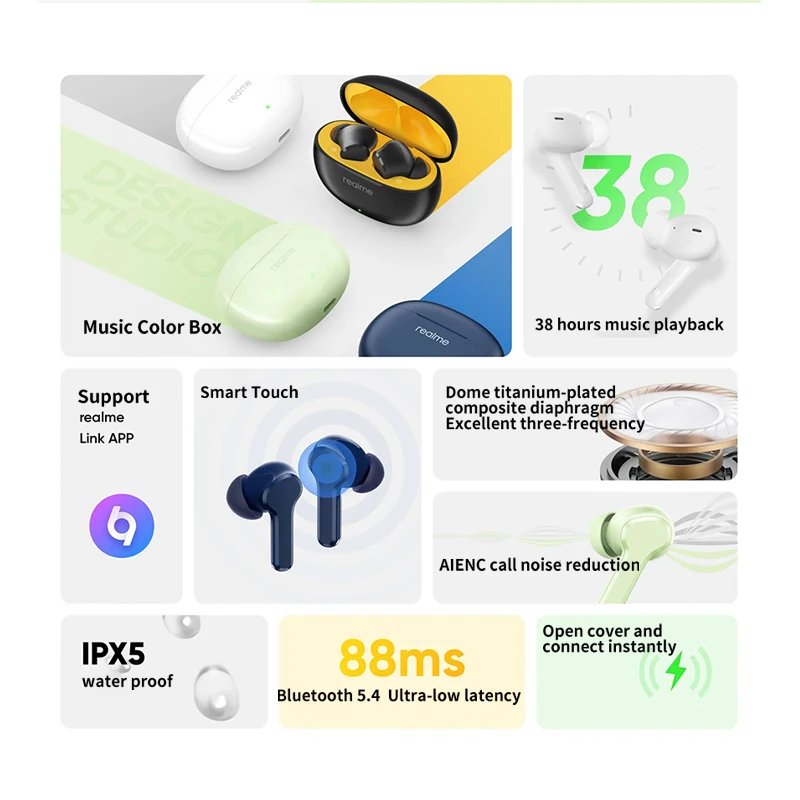 Realme Buds T110 블루투스 이어폰, AI 노이즈 캔슬링, 무선 헤드폰, HiFI 음질, 38 시간 배터리 헤드셋,